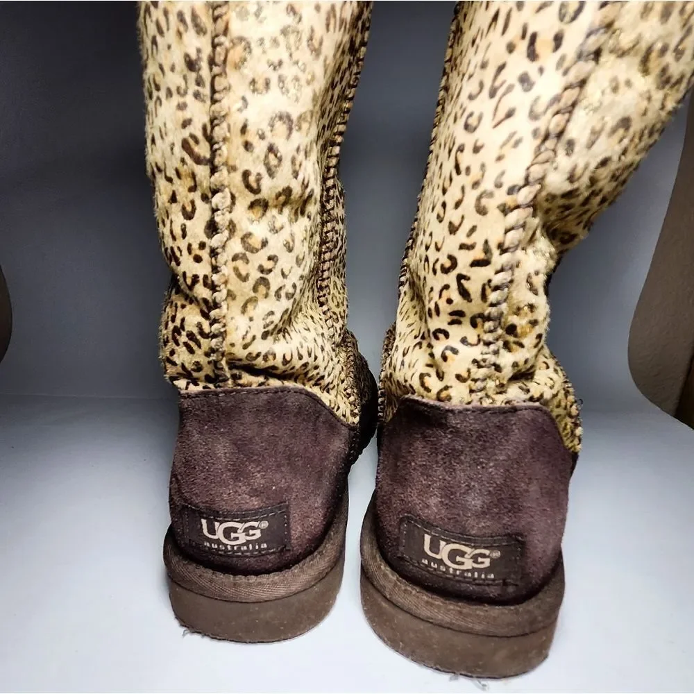 UGG classic gold metallic shimmer leopard brown winter fur boots Size 9 - Picture 4 of 7